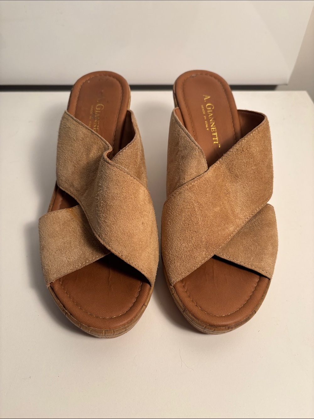 A. Giannetti Taupe Suede Crisscross Slip-On Mules